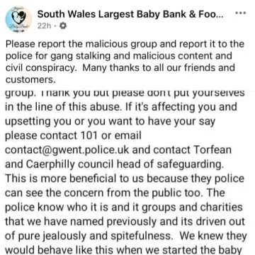Image from Jaynesbabybank Registered - cic: Can we remind everyone to report the malicious group please to Facebook and Gwent Police via 101 or email contact@gwent.police.uk. Update fr