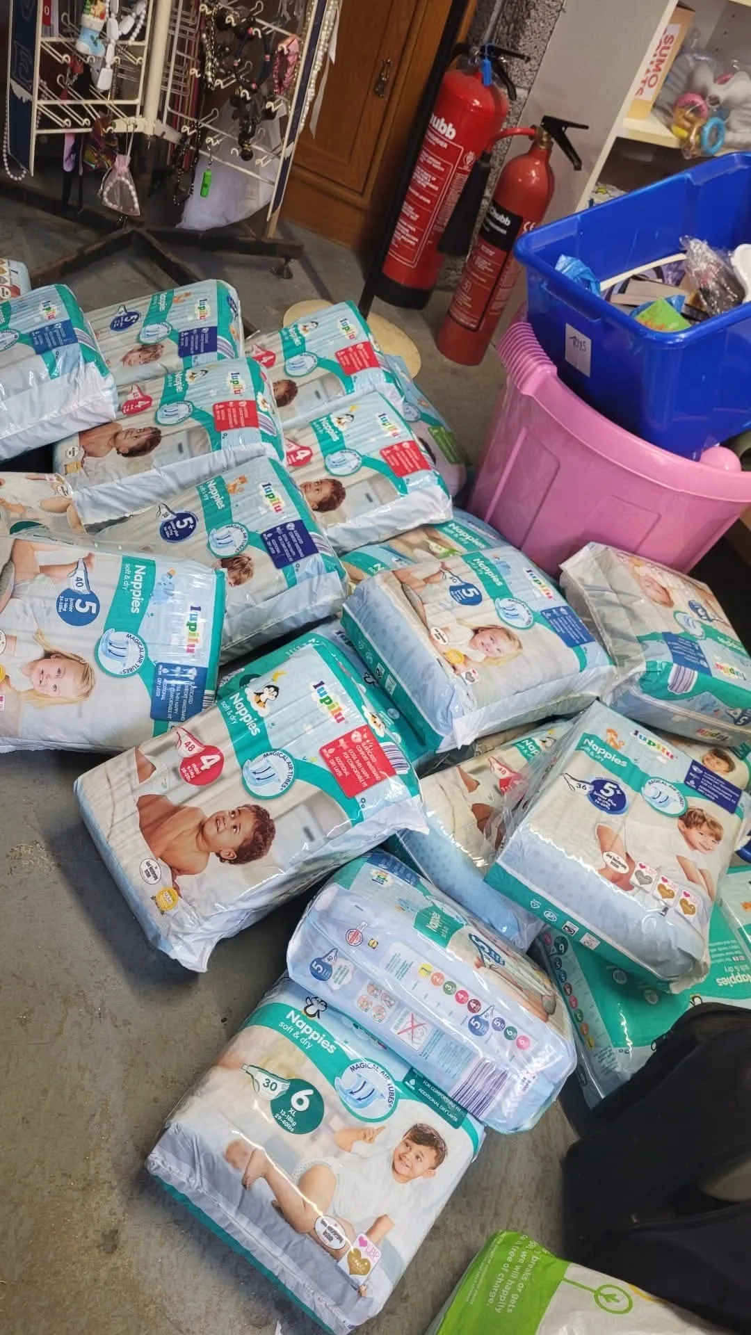 Photo from Jayne's Baby Bank (main page), 19 May 2025: Just a small selection of nappies we have provided from our food bank fundraising shops to Mothers in local communities for free.