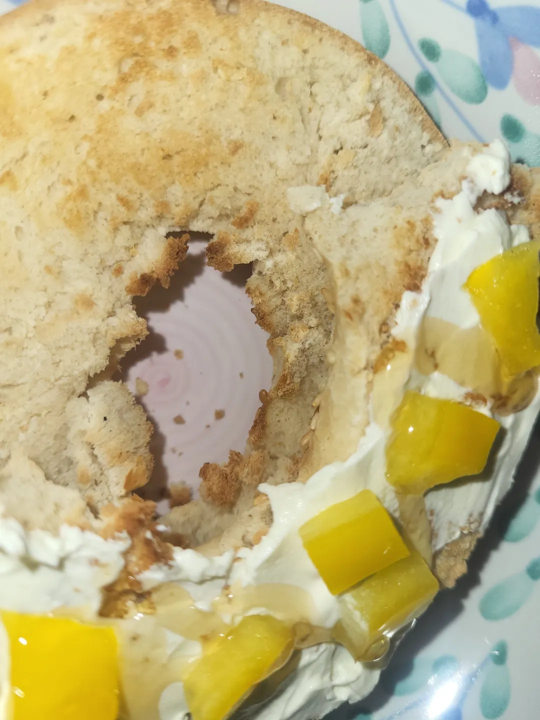 Photo from Jayne's Baby Bank (main page), 21 Nov 2025: Toasted bagel and pepper from the church and cream cheese and hit honey 🍯 😋