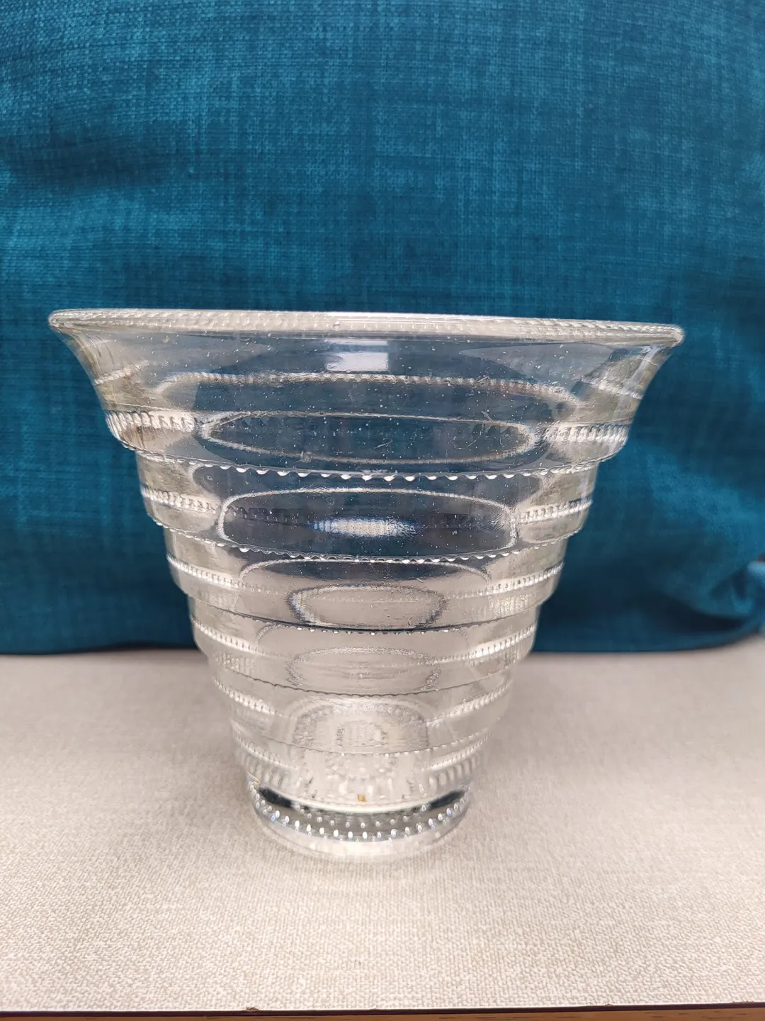 Photo from Jayne's Baby Bank (main page), 18 May 2024: Lalique style - a 'Meudon' style glass vase, clear , stepped conical form with beading to each step, unmarked, 12.5cm high £80 please Dc