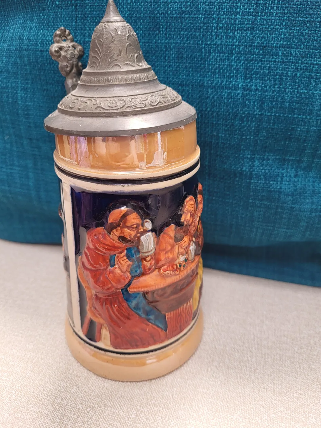 Photo from Jayne's Baby Bank (main page), 18 May 2024: Vintage Simon Peter Gerz Stoneware German Beer Stein Hand Painted Pewter Lid Stamped Tankard Fabrikmarke Breweriana Bar Collectible Barware 