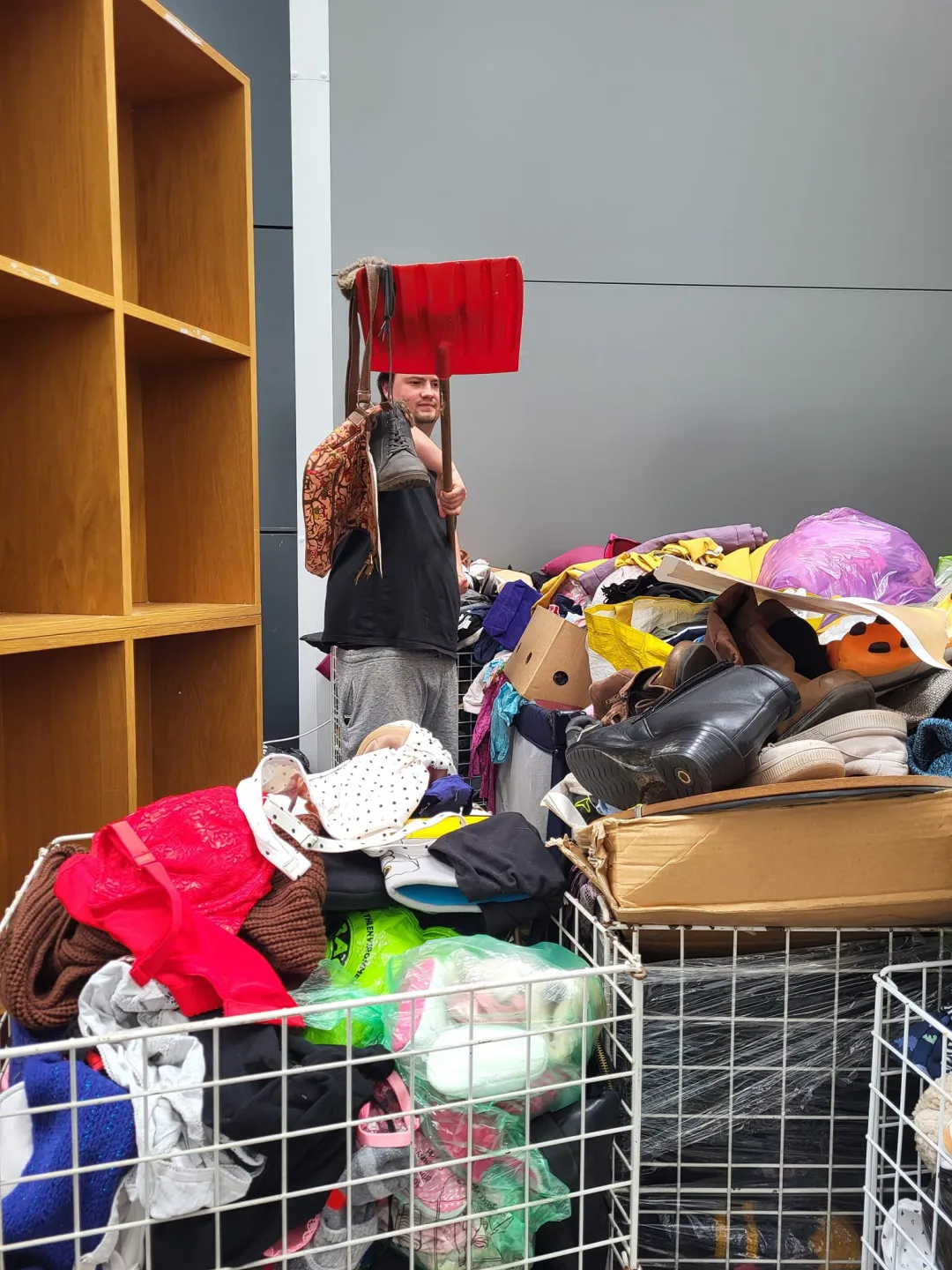 Photo from Jayne's Baby Bank (main page), 9 Jun 2024: Dan's invented a new system to deal with the volume of donations . Snow shovel them. 🙈🤣♻️