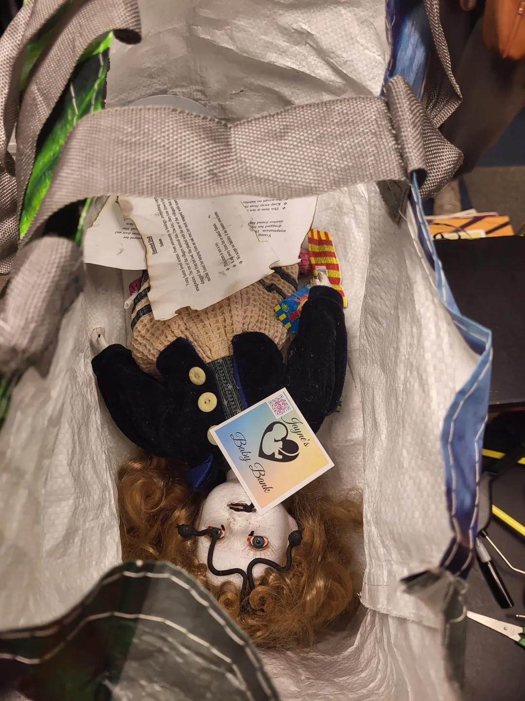 Photo from Jayne's Baby Bank (main page), 21 Oct 2024: Another haunted doll sold £10 = £50 fundraising towards baby food jars ♻️✅️🌏🍼🌎👻