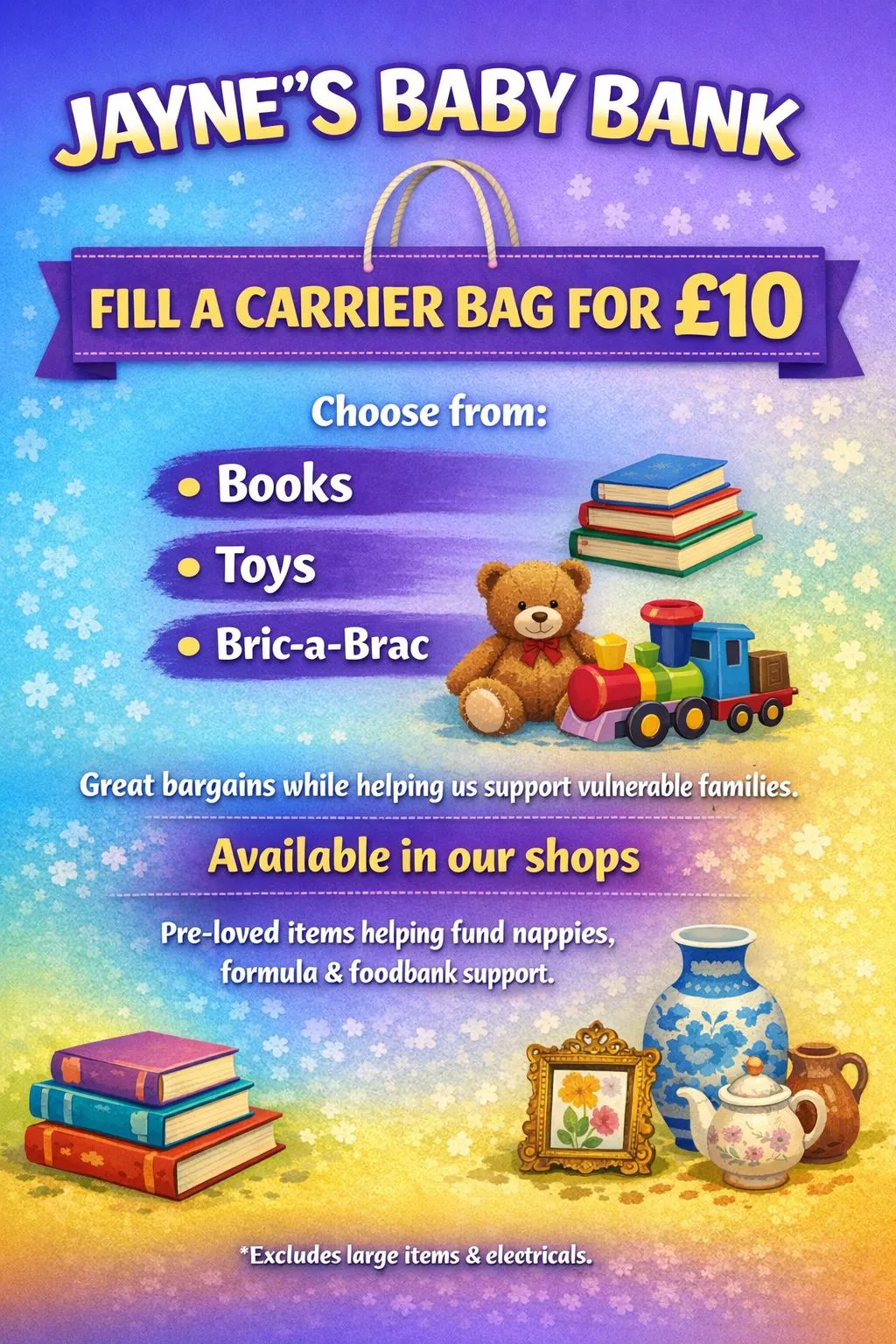 Photo from Jayne's Baby Bank (main page), 6 Mar 2026: We love to give you a deal or two- you choose the best for you! Records /dvds anything under £5 before the 50% off. Exclusions* Jewellery an