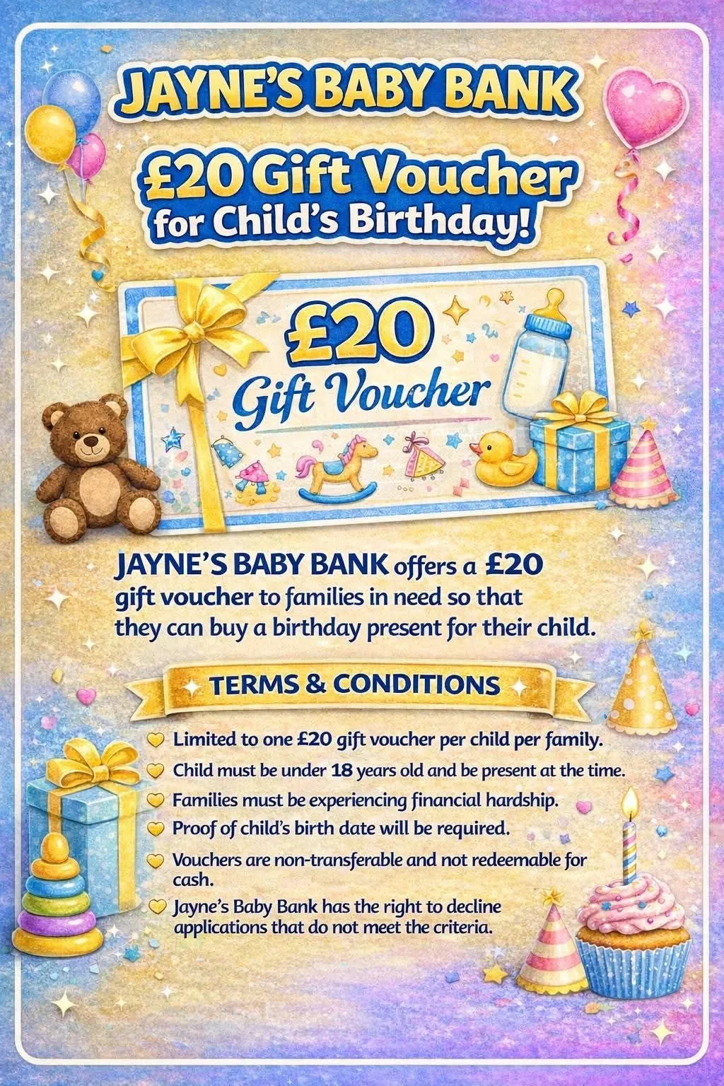 Photo from Jayne's Baby Bank (main page), 12 Feb 2026: Don't forget we do £5 voucher for Mothers on their birthdays and £20 for children. Can includes games, puzzles, books and toys and 50p child