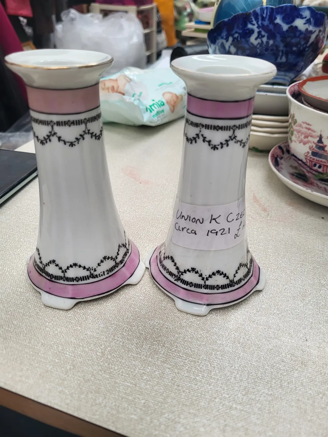 Photo from Jayne's Baby Bank (main page), 11 May 2024: Union K Czechoslovka circa 1921 candle sticks £40 set please