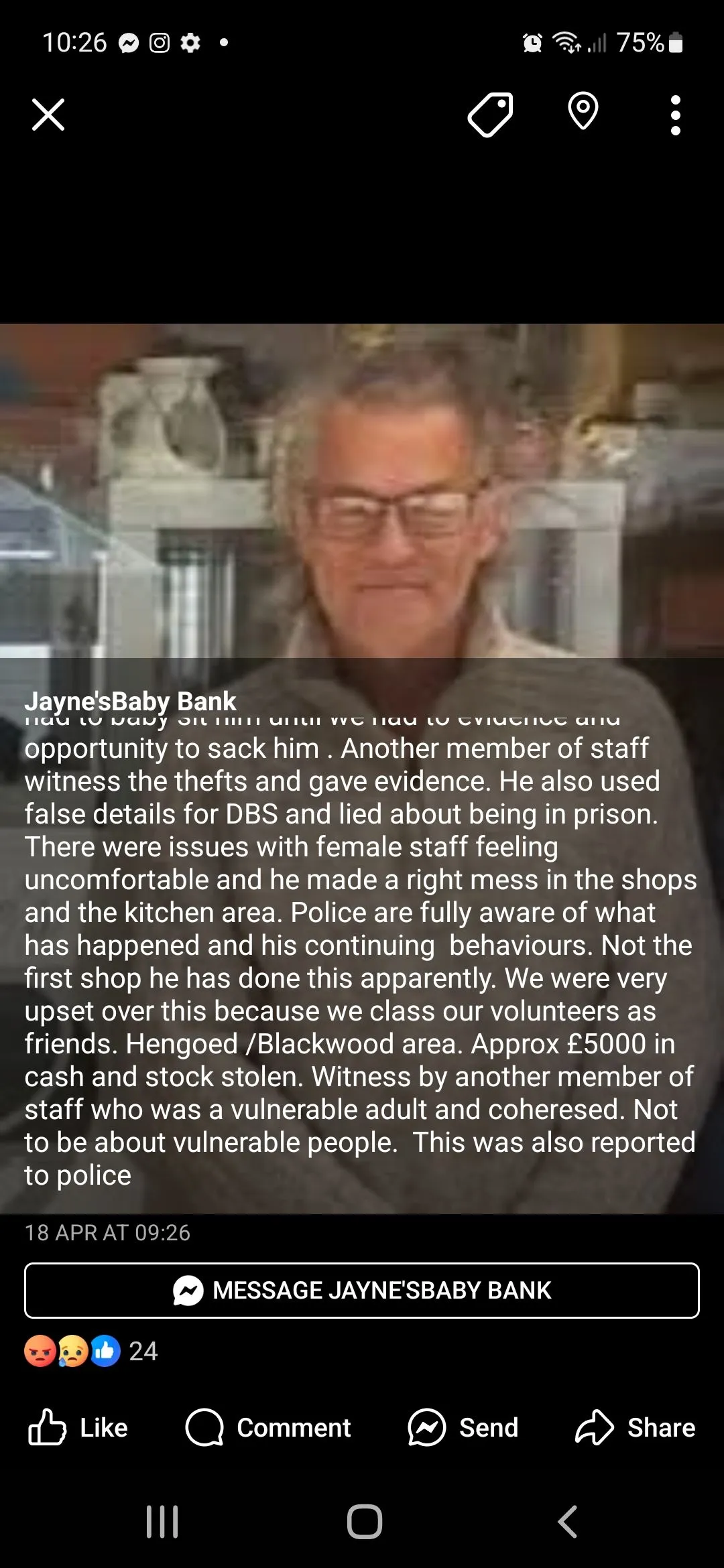 Photo from Jayne's Baby Bank (main page), 29 Apr 2025: I just want to remind people that Peter was dismissed due to theft, upsetting staff, and making a mess and not working. He is currently stil