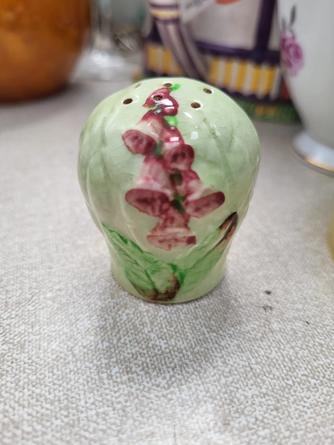 Photo from Jayne's Baby Bank (main page), 9 May 2024: Vintage Carlton Ware Green Foxglove (Fox Glove) pepper shaker no slat sorry £6 please Donation centre