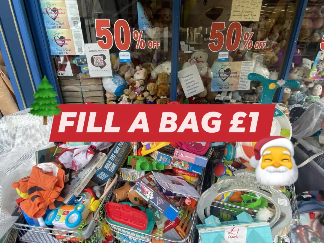 Photo from Jayne's Baby Bank (main page), 25 Oct 2025: Fill a carrier bag of toys for £1 out of thr tesco trollies outside Pontypool shop.