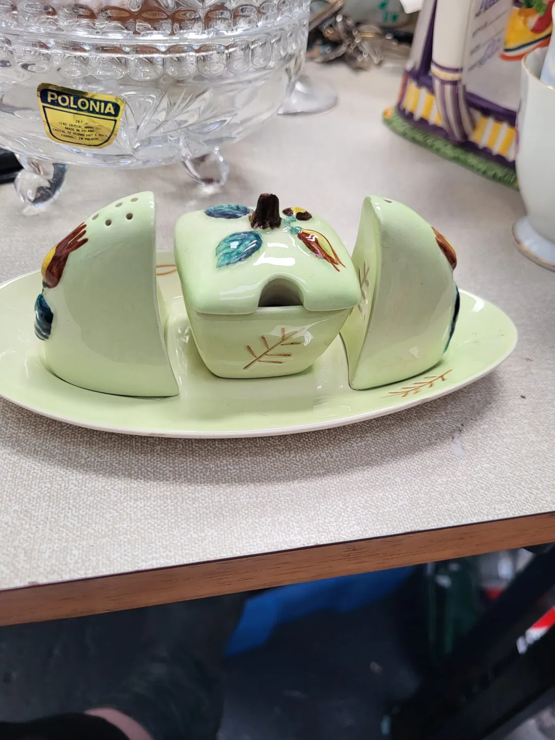 Photo from Jayne's Baby Bank (main page), 9 May 2024: Cute 1950s Carlton Ware Hazelnut 3-piece ceramic cruet set £10 please Donation centre