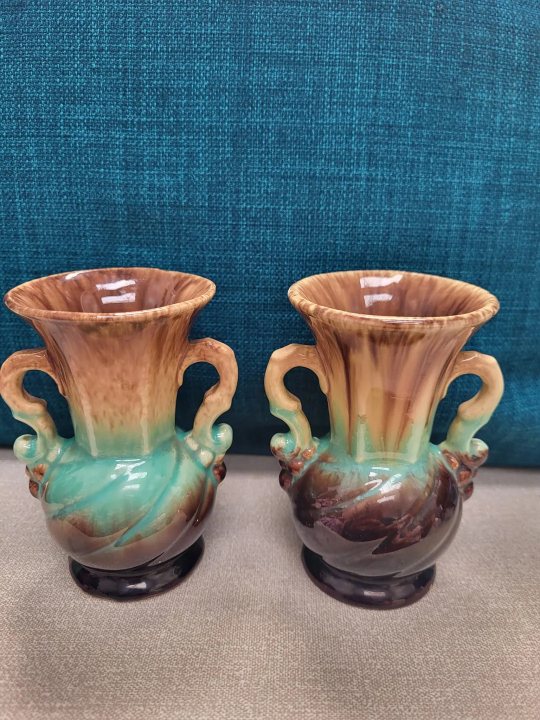 Photo from Jayne's Baby Bank (main page), 18 May 2024: Lovely handled vase, possibly Fohr Germany 7/17. WGP. Vintage West German pottery. 1940s / 1950s Laufglasur = dripping glaze, turquoise gree