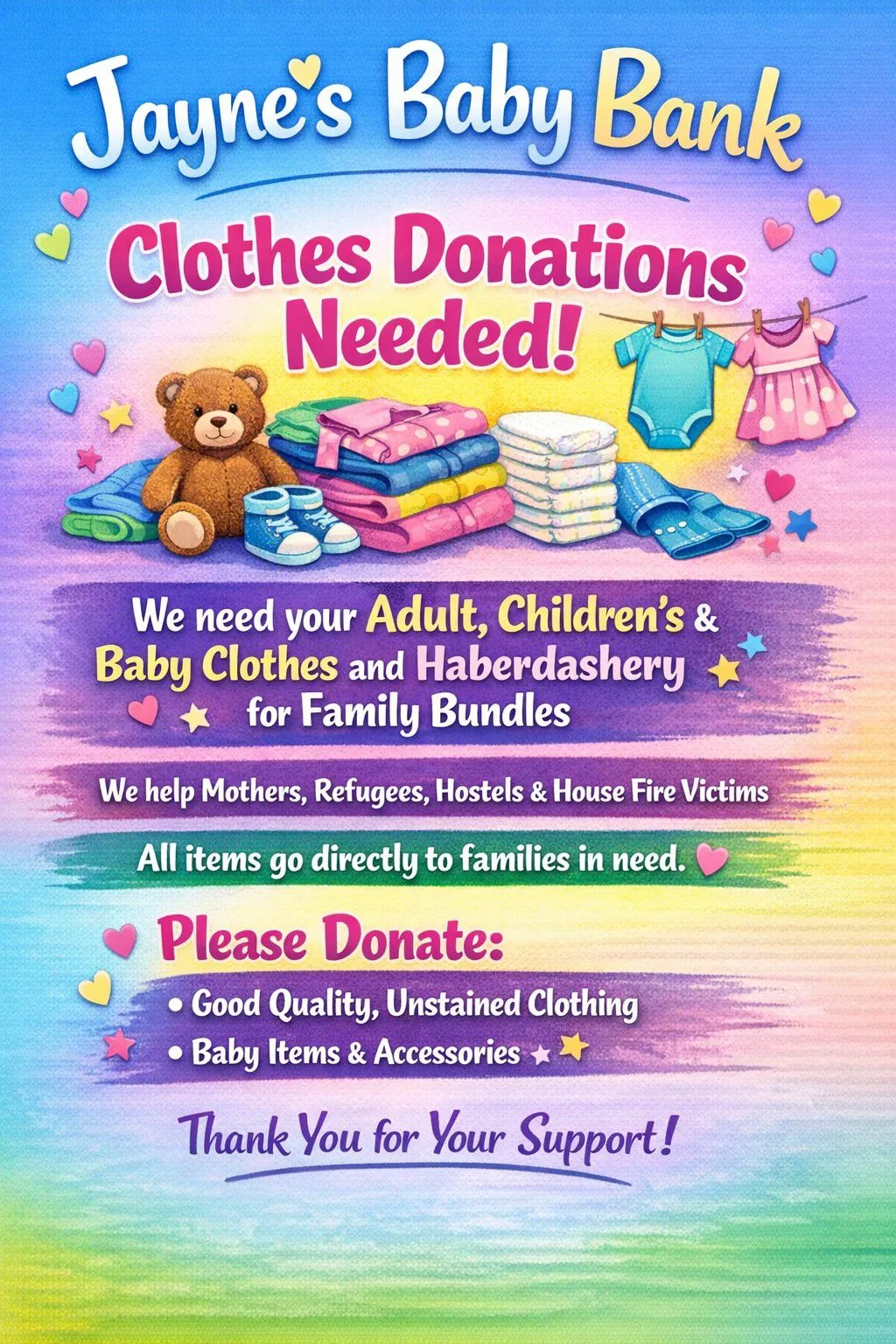 Photo from Jayne's Baby Bank (main page), 11 Mar 2026: We don't cash for clothes like other charities - we rehome or use for fundraising. Let us know when you arrive at the shops to donate if you