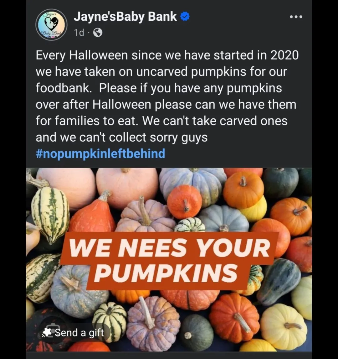 Photo from Jayne's Baby Bank (main page), 1 Nov 2025: Please drop off your uncarved pumpkins to pur foodbanks please - help feed people and animals