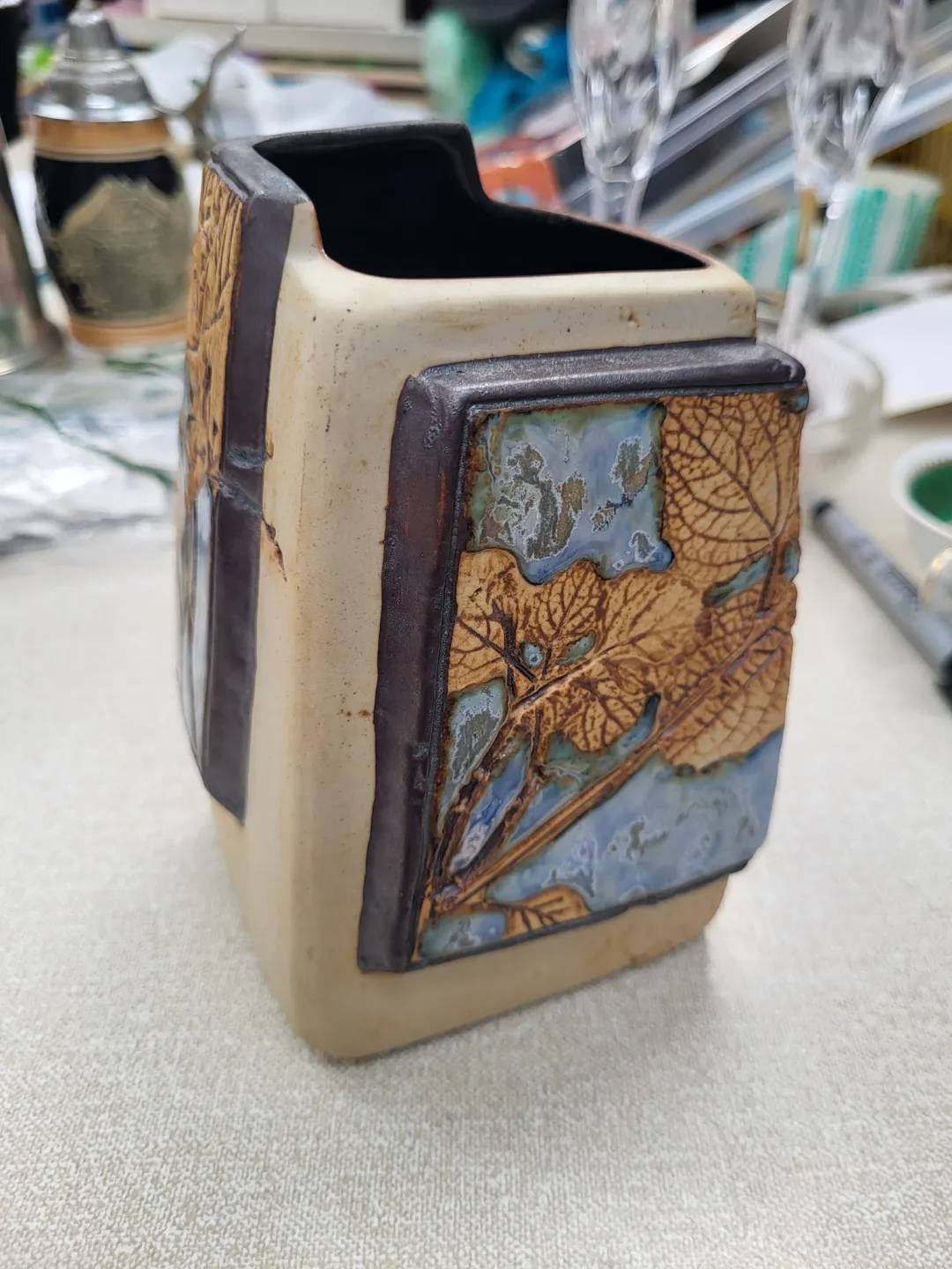 Photo from Jayne's Baby Bank (main page), 9 May 2024: Malaysia Handicrafts Studio Pottery Tenmoku Pottery Leaf Pattern £25 please Dc