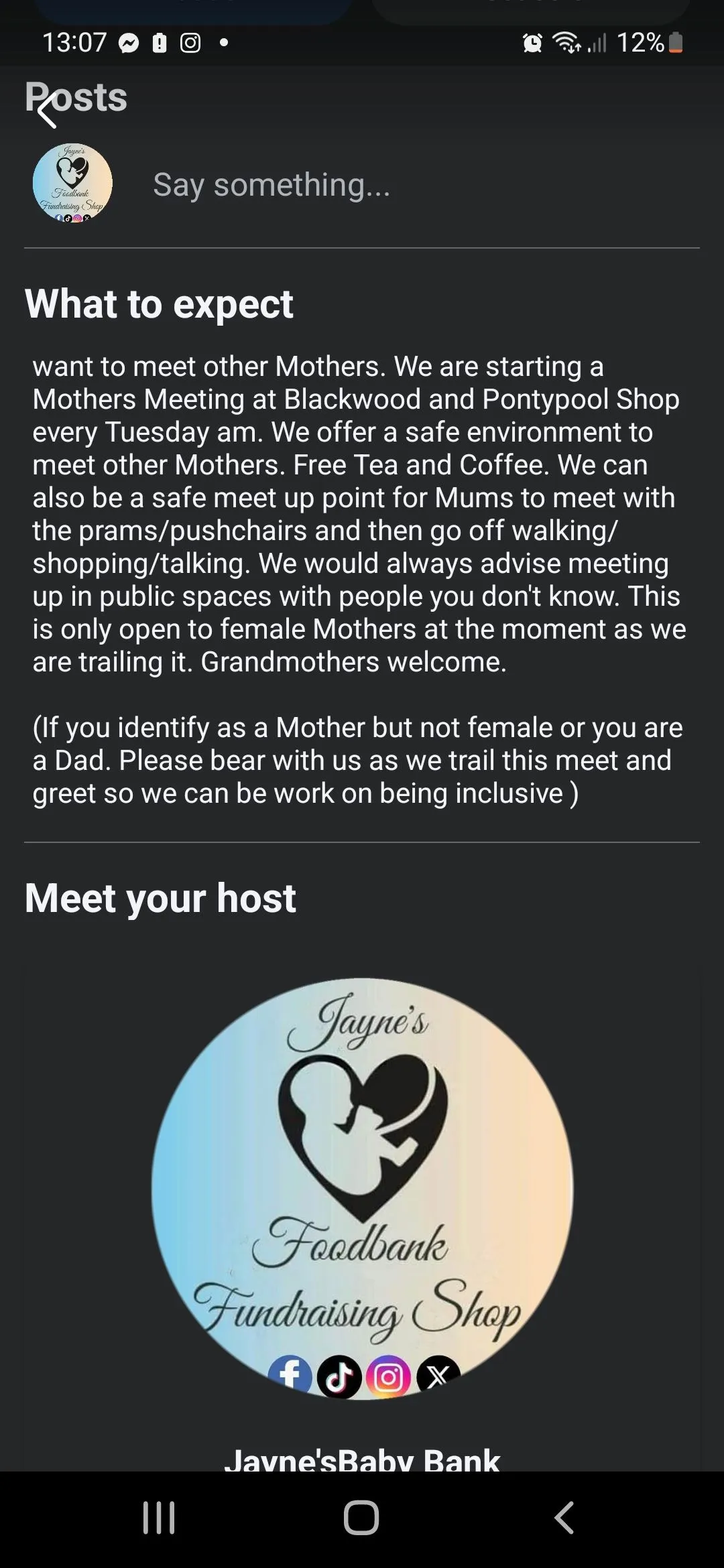 Photo from Jayne's Baby Bank (main page), 14 Apr 2025: Every Tuesday Am 10am - Meet other Mothers at our shops.FREE tea and coffee. If you want to meet up and go off together that's fine with us.