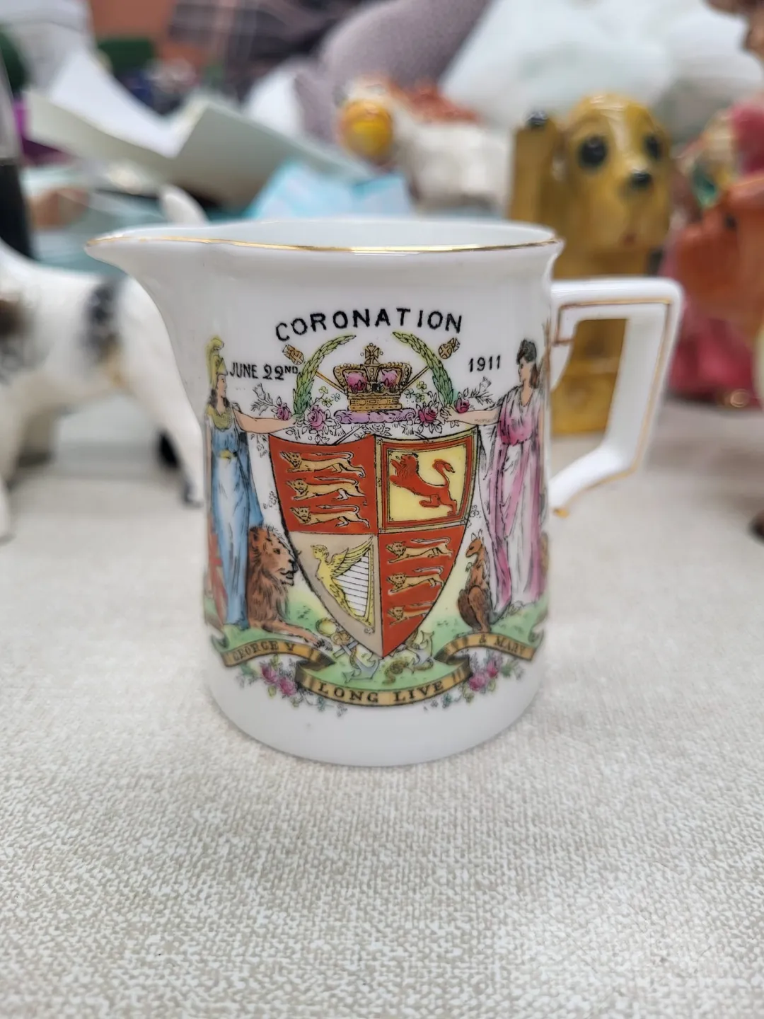 Photo from Jayne's Baby Bank (main page), 8 May 2024: Small coronation jug 1911 George v & Mary £15 please Donation Centre