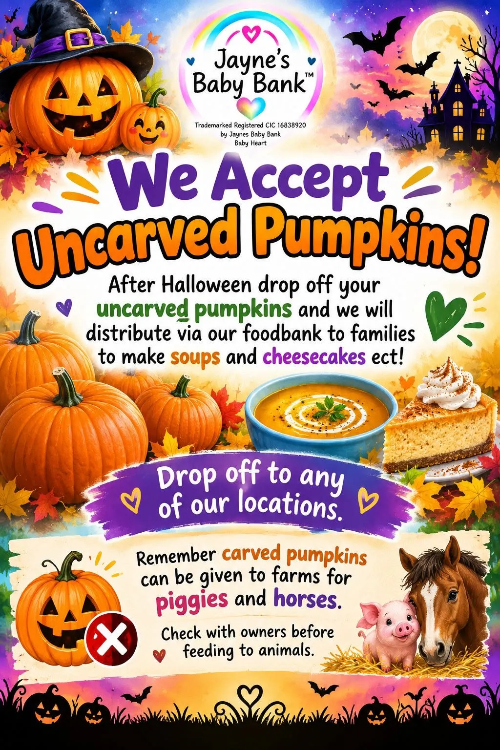 Photo from Jaynesbabybank Registered - cic, 19 Oct 2026: Remember guys - we take uncarved pumpkins after Halloween for our foodbank!