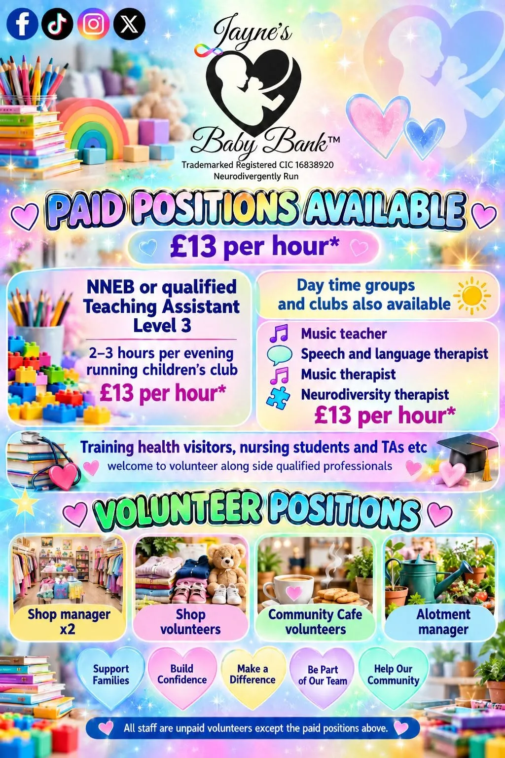 Photo from Jaynesbabybank Registered - cic, 29 Sep 2026: Paid positions can choose:- 🍼Self Employed 🍼Employed £13 per hour via payroll paid weekly 🍼Volunteer the position. ♻️Volunteers are gifted £