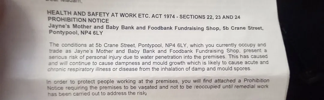 Photo from Jaynesbabybank Registered - cic: Public Notice: The council has served the landlord with legal documentation that they cannot rent pontypool 1 shop until the roof/leaks are 