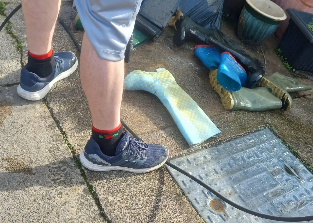 Photo from Jaynesbabybank Registered - cic, 15 Sep 2026: Dan's on the over time. We have had some wellies donated so he's giving them all a pressure wash. Most charities or second hand shops would 