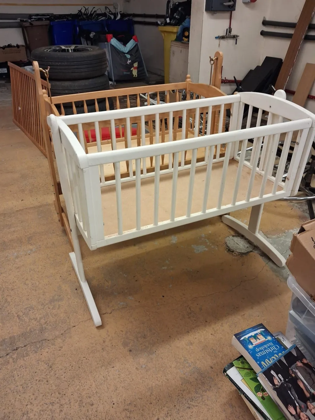 Photo from Jaynesbabybank Registered - cic, 25 Oct 2026: Dan's fixed the cribs. White one doesn't swing Dan has screwed it into place. I will give them a wash down with Milton. £10 each please Coll