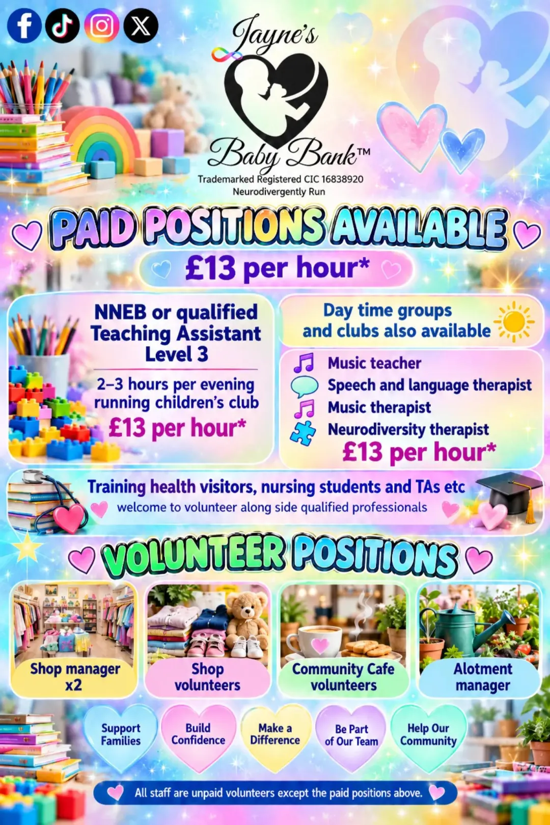 Photo from jaynesbabybank1_tm, 29 Sep 2026: Paid positions can choose:- 🍼Self Employed 🍼Employed £13 per hour via payroll paid weekly 🍼Volunteer the position. ♻️Volunteers are gifted £