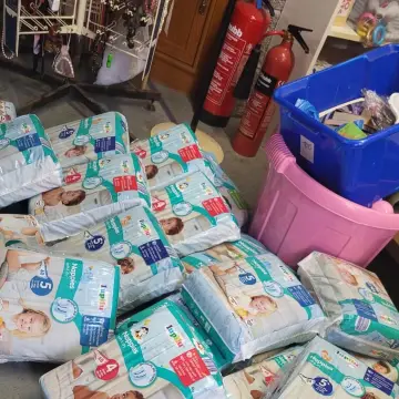 Photo from Jayne's Baby Bank (main page), 19 May 2025: Just a small selection of nappies we have provided from our food bank fundraising shops to Mothers in local communities for free.