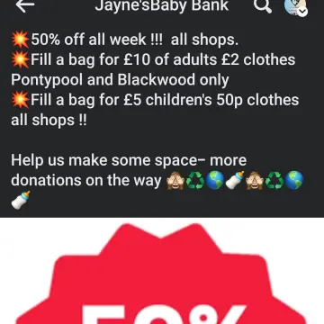 Image from Jayne's Baby Bank (Main Historical Profile), 23 Apr 2024: 50% offer still on ! Plus fill a bag offers! Help us recycle and make more space for more donations :)
