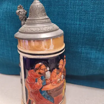 Image from Jayne's Baby Bank (Main Historical Profile), 18 May 2024: Vintage Simon Peter Gerz Stoneware German Beer Stein Hand Painted Pewter Lid Stamped Tankard Fabrikmarke Breweriana Bar Collectible Barware 