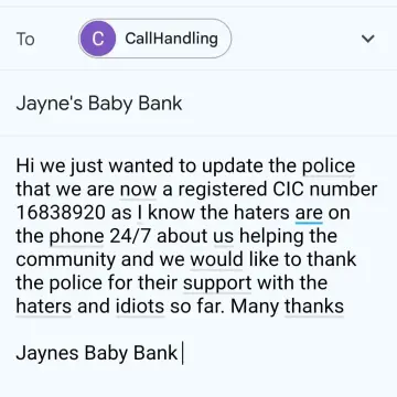 Image from Jayne's Baby Bank (Main Historical Profile), 7 Nov 2025: I've made the relevant emails and updates this morning - next move - funding for warehouses, shops, equiptment, staff wages, and a Luton van