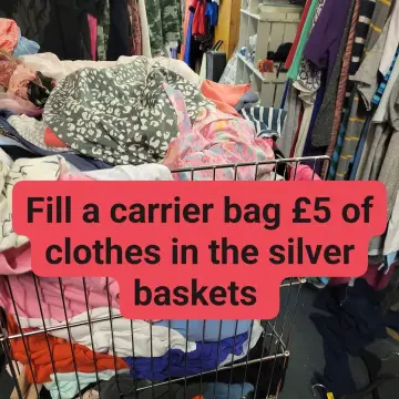 Image from Jayne's Baby Bank (main page), 22 Aug 2024: Today until Saturday. Fill a bag for £5 of adult £2 clothes from the metal basket crates. Followers & supporters only. Pontypool shop only. 