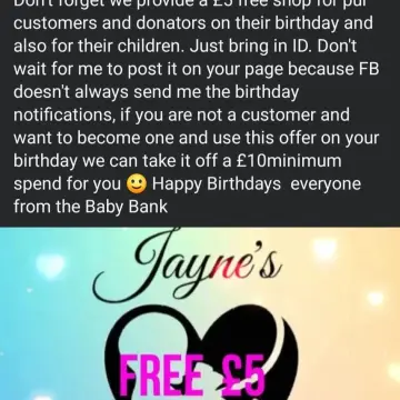 Photo from Jayne's Baby Bank (main page), 10 Jun 2025: Don't wait for me to tag you Mums in our Birthday give away - all the staff know, just pop in with proof of DOB, and for the children. £5 fr