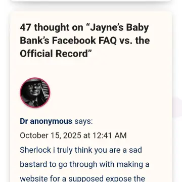 Image from Jayne's Baby Bank (main page), 16 Oct 2025: 👍 You can volunteers with us Sherlock and get ,£20 a day store credit but you must be a worker . You look like a waffler to me.