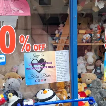 Image from Jayne's Baby Bank (main page), 23 Jul 2025: New teddy bear window at Pontypool Superstore