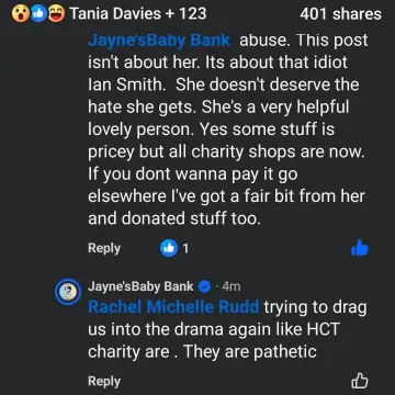 Image from Jayne's Baby Bank (main page), 29 Aug 2025: Drama about Ian Smith (who's charity we got shut down), going viral on fb and look who's involved the baby bank on the post Hayley Thomas HC