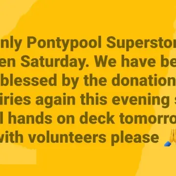 Image from Jayne's Baby Bank (main page), 22 Aug 2025: All hands of deck tomorrow please guys. We need volunteers at Pontypool Superstore. We have had over 40 bags of donations tonight again and 