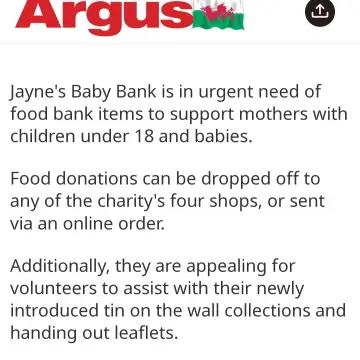 Image from Jayne's Baby Bank (Main Historical Profile), 25 May 2024: We need volunteers! Daily! All areas! We need 'tin on the wall' , collectors to help replenish our food bank for Mothers with children under