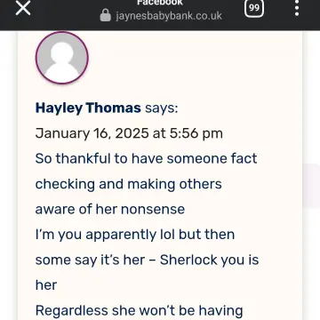 Photo from Jayne's Baby Bank (main page), 18 Jan 2025: Nice to see that even though I have been transparent and said I have been suicidal over this malicious website that Hayley Thomas and her fr