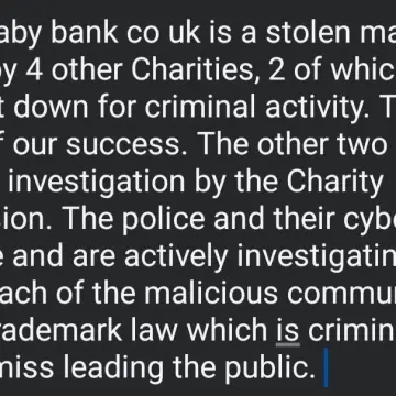 Image from Jayne's Baby Bank (main page), 13 Jul 2025: So we have another officer looking at the case. Keep reporting it guys for us and keep spreading the word that its a fake page trying to dam