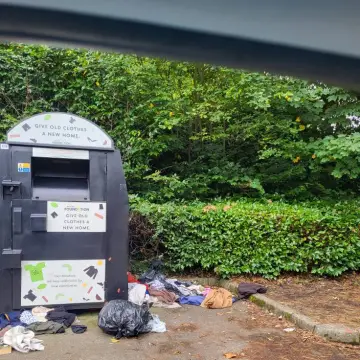 Image from Jayne's Baby Bank (main page), 6 Sep 2025: We are open all day in Caerphilly for donations- all that will go in landfill and the major charities with these bins don't care its just ca