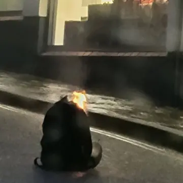 Photo from Jayne's Baby Bank (main page), 9 Feb 2025: This guy in Ponty again. Just set fire to his ruck sack and walked off. Fire crew on their way. 2 police officers, 3 firemen and an engine a