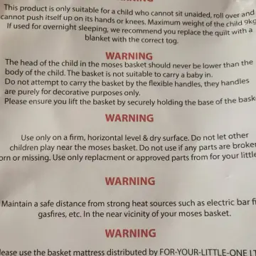 Photo from Jayne's Baby Bank (main page), 15 Jan 2025: Moses basket safety info.