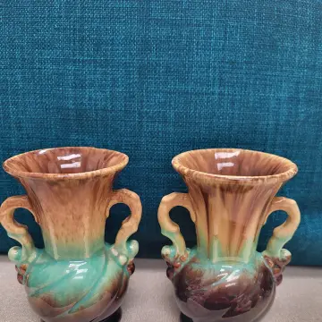 Image from Jayne's Baby Bank (Main Historical Profile), 18 May 2024: Lovely handled vase, possibly Fohr Germany 7/17. WGP. Vintage West German pottery. 1940s / 1950s Laufglasur = dripping glaze, turquoise gree