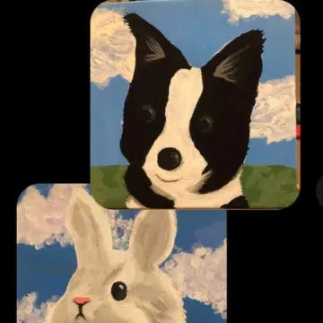 Photo from Jayne's Baby Bank (main page), 12 Apr 2025: These have been painted to celebrate the launch of our pet cafe using old canvas from one of our shops. We have a resident artist volunteer 