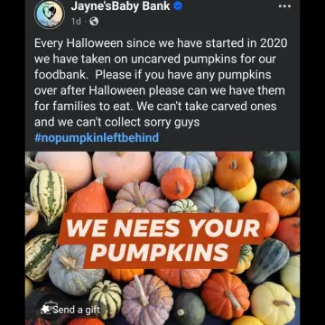 Image from Jayne's Baby Bank (Main Historical Profile), 1 Nov 2025: Please drop off your uncarved pumpkins to pur foodbanks please - help feed people and animals