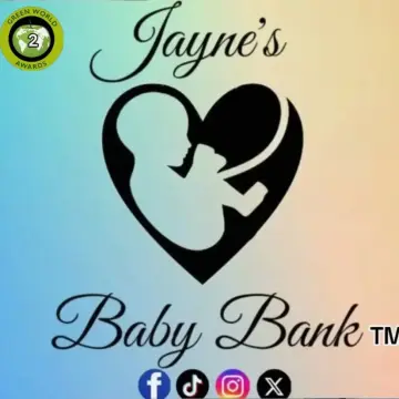 Image from Jayne's Baby Bank (Main Historical Profile), 29 Oct 2025: New logo statintng we are trademarked and that we have won 2 awards for sustainability.