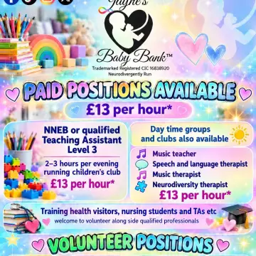 Photo from Jaynesbabybank Registered - cic, 29 Sep 2026: Paid positions can choose:- 🍼Self Employed 🍼Employed £13 per hour via payroll paid weekly 🍼Volunteer the position. ♻️Volunteers are gifted £