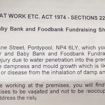 Image from Jaynesbabybank Registered - cic: Public Notice: The council has served the landlord with legal documentation that they cannot rent pontypool 1 shop until the roof/leaks are 