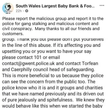Photo from Jaynesbabybank Registered - cic, 22 May 2026: Can we remind everyone to report the malicious group please to Facebook and Gwent Police via 101 or email contact@gwent.police.uk. Update fr