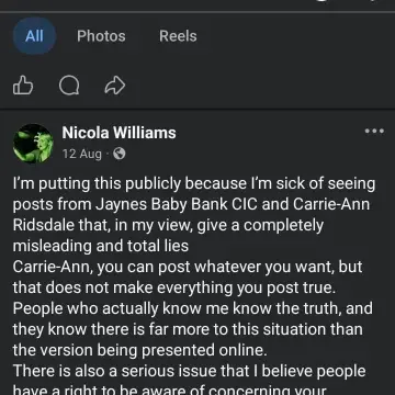 Image from Jaynesbabybank Registered - cic, 24 Aug 2026: Nicola Willaims inciting hate against myself and the baby bank AGAIN. she is now inciting this Daniel and Louise who I have never met to att